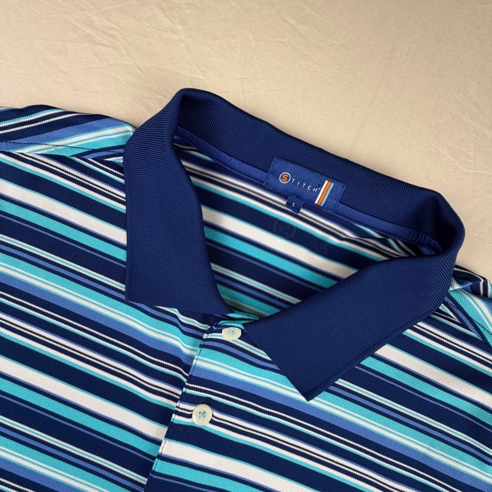 Stitch Golf Polo Shirt Mens Large Blue White Striped Performance Short Sleeve L